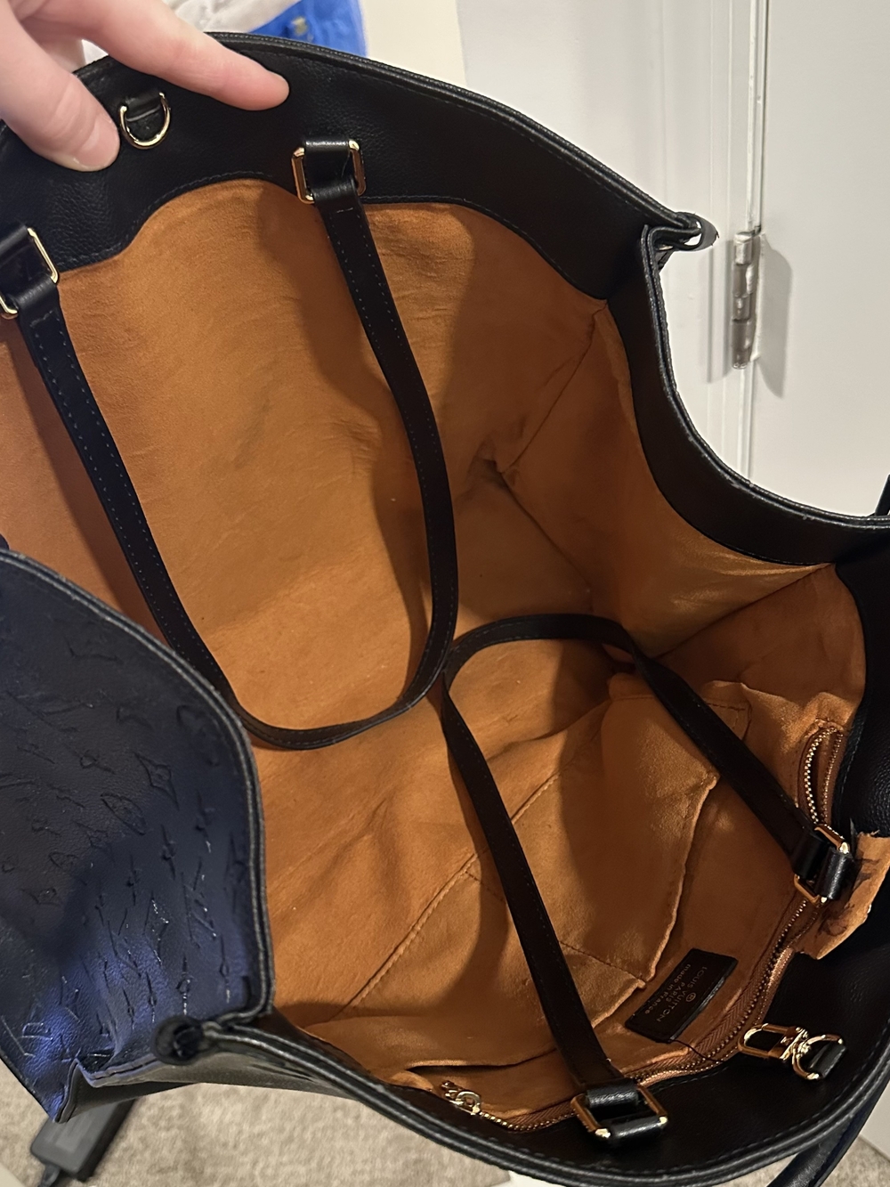Large Black Embossed Leather Tote with Top Handles - Picture 9 of 14